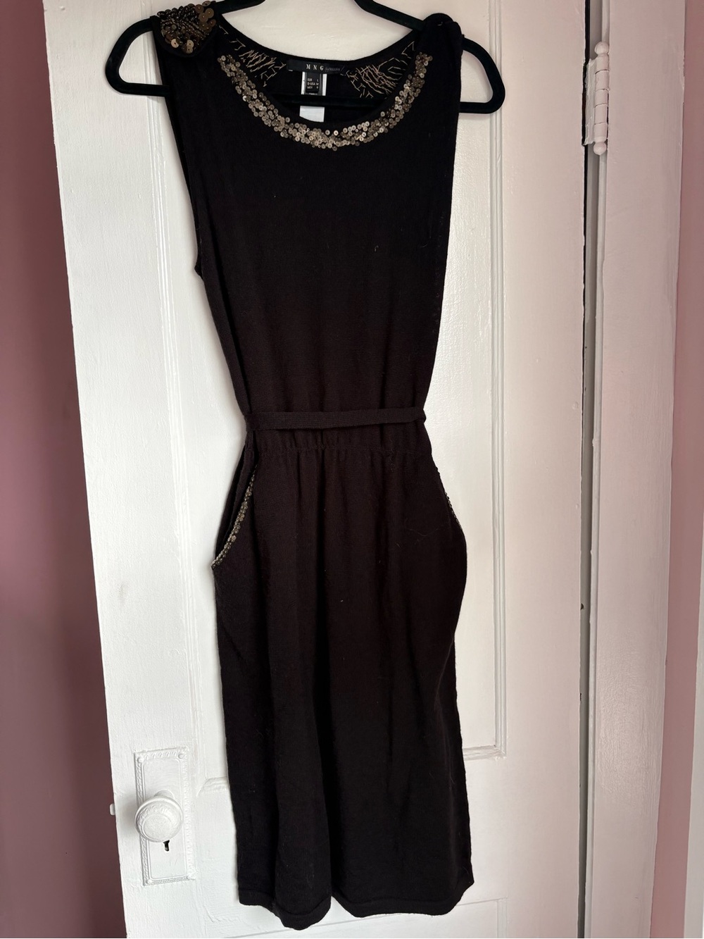 NWT MNG by Mango 100% Merino Wool Black Sequin Detail Dress - Size Medium